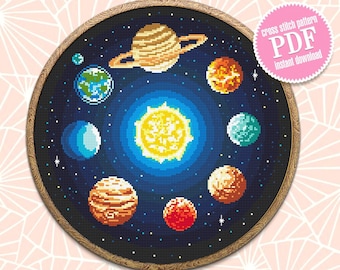 Solar system cross stitch pattern download PDF Planets cross stitch chart, Galaxy pattern PDF, Space cross stitch, Starry night sky #L58