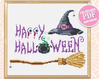 Happy Halloween cross stitch pattern download PDF Spooky cross stitch Halloween quote chart Witch cross stitch Cute Halloween embroidery #H3