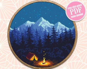 Nature cross stitch pattern download PDF Mountain landscape cross stitch Camping tent xstitch chart Night nature PDF Travel home decor #L43