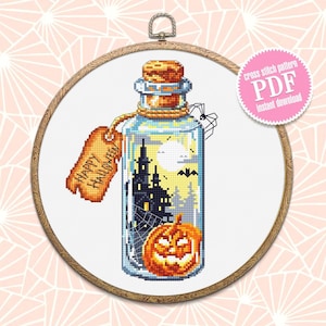 Halloween bottle cross stitch pattern download PDF Horror pumpkin xstitch chart Happy Halloween embroidery Spooky castle digital pdf #H29
