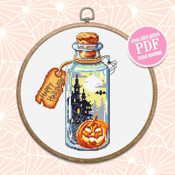 Halloween bottle cross stitch pattern download PDF Horror pumpkin xstitch chart Happy Halloween embroidery Spooky castle digital pdf #H29