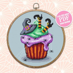 Halloween cupcake cross stitch pattern download PDF Witch cross stitch Dessert Beginner stitch Cute Halloween embroidery Sweet food #H15