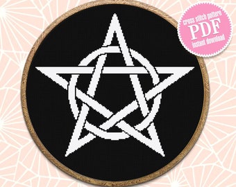 Gothic cross stitch pattern download PDF Pentagram cross stitch chart Monochrome pentacle embroidery Occult sign Gothic star digital #M140