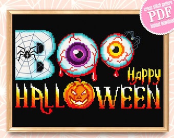 Happy Halloween cross stitch pattern download PDF Spooky cross stitch Halloween quote chart Boo cross stitch Cute Halloween embroidery #H12