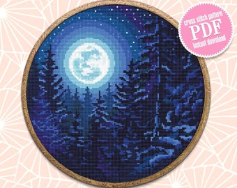 Nature cross stitch pattern download PDF Night landscape embroidery beginners Forest cross stitch Starry night sky Moon cross stitch #L19