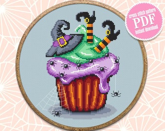 Patrón de punto de cruz de cupcakes de Halloween descarga PDF Punto de cruz de bruja Postre Punto para principiantes Lindo bordado de Halloween Comida dulce #H15
