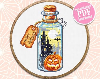 Halloween bottle cross stitch pattern download PDF Horror pumpkin xstitch chart Happy Halloween embroidery Spooky castle digital pdf #H29