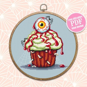 Halloween cupcake cross stitch pattern download PDF Spooky cross stitch Dessert Beginner stitch Cute Halloween embroidery Sweet food #H14