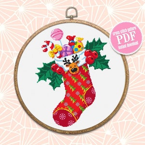 Christmas sock cross stitch pattern PDF download Merry Christmas cross stitch chart, Christmas pattern digital PDF, Stocking with gifts #N30