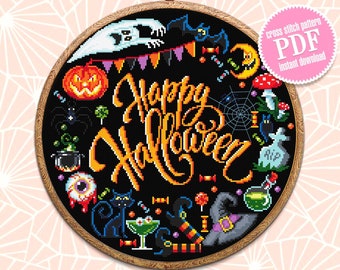 Happy Halloween cross stitch pattern download PDF Funny cross stitch Halloween quotes chart Modern cross stitch Cute Halloween pattern #H21