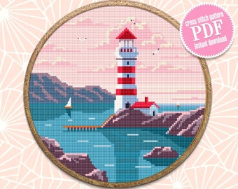 Lighthouse cross stitch pattern digital PDF Nature cross stitch Landscape embroidery beginners Instant download Sunset cross stitch #L21