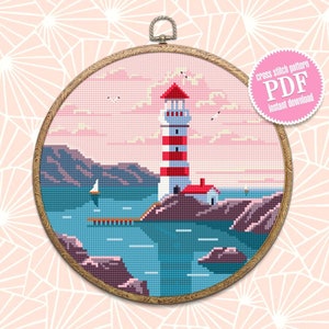 Lighthouse cross stitch pattern digital PDF Nature cross stitch Landscape embroidery beginners Instant download Sunset cross stitch #L21