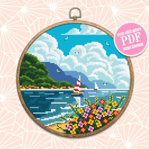 Nature cross stitch pattern download PDF Sea beach cross stitch chart Summer modern landscape cross stitch sampler DIY Hawaii home decor #L2