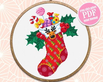 Christmas sock cross stitch pattern PDF download Merry Christmas cross stitch chart, Christmas pattern digital PDF, Stocking with gifts #N30