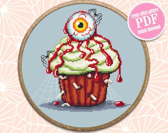 Patrón punto de cruz cupcake de Halloween descargar PDF Punto de cruz espeluznante Postre Punto principiante Lindo bordado de Halloween Comida dulce #H14