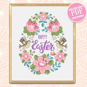 Floral easter egg cross stitch pattern PDF Pastel cross stitch Happy Easter cross stitch download PDF, Watercolor floral easter ornament #T7