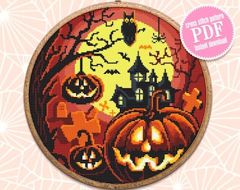 Halloween cross stitch pattern download PDF Spooky cross stitch Halloween moon stitch chart Happy Halloween Magic castle beginner stitch #H1