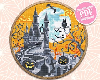 Halloween korsstygnsmönster PDF-nedladdning Korsstygnsdiagram för läskigt hemsökt hus, Halloweenmönster digitalt PDF Glad Halloweenkväll #H2