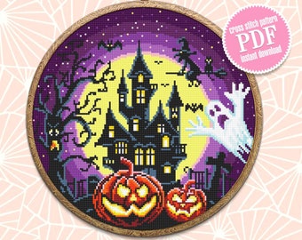 Halloween cross stitch pattern download PDF Spooky haunted house cross stitch chart, Halloween pattern digital PDF, Ghost, Pumpkin #H7