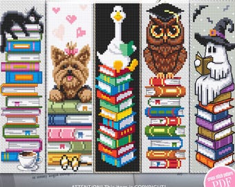 Cute bookmark set cross stitch pattern PDF download Animals cross stitch chart, Handmade bookmark pattern digital PDF, book lover gift #B533