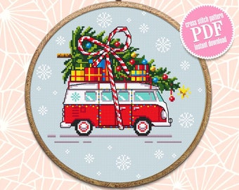 Christmas tree van cross stitch pattern download PDF Holiday hand embroidery Red truck christmas cross stitch Christmas pattern digital #N19
