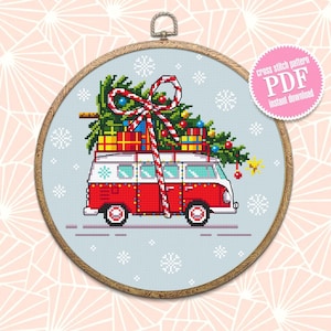 Christmas tree van cross stitch pattern download PDF Holiday hand embroidery Red truck christmas cross stitch Christmas pattern digital #N19