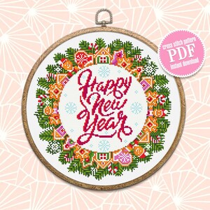 Christmas wreath cross stitch pattern download PDF Winter holiday cross stitch chart Christmas pattern digital Happy new year stitch #N24