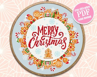 Merry Christmas cross stitch pattern download PDF Gingerbread wreath cross stitch chart Christmas pattern digital DIY Christmas decor #N23