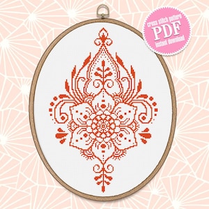 Flower cross stitch pattern download PDF, Monochrome mandala cross stitch chart, Modern beginner stitch, Floral ornament embroidery PDF #M55