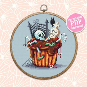 Halloween cupcake cross stitch pattern download PDF Spooky cross stitch Baking Beginner stitch Happy Halloween embroidery Sweet Food #H16