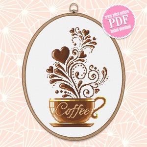 May include: Cross stitch pattern PDF for a brown coffee cup with a swirl of coffee and hearts coming out of the top. The cup says "Coffee" on it.