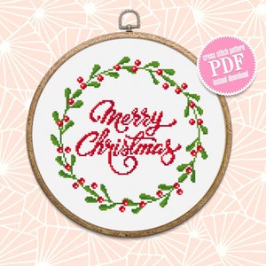 Red berry wreath cross stitch pattern PDF Merry Christmas cross stitch chart, Holiday small cross stitch, Instant download PDF #N35