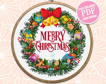 Merry Christmas cross stitch pattern download PDF Christmas wreath cross stitch Christmas pattern digital Winter holiday embroidery PDF #N20