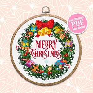 Merry Christmas cross stitch pattern download PDF Christmas wreath cross stitch Christmas pattern digital Winter holiday embroidery PDF #N20