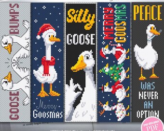 May include: A collection of five cross-stitch bookmarks featuring whimsical goose designs. Each bookmark has a different background color and text, including "GOOSE BUMPS", "Silly GOOSE", "Merry GOOSMAS", and "PEACE WAS NEVER AN OPTION". The bookmarks are a fun, handmade craft.