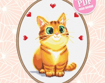 Cute orange cat cross stitch pattern download PDF Animal cross stitch chart, Cat embroidery PDF, Kitten cross stitch, Gift for cat lover #K1