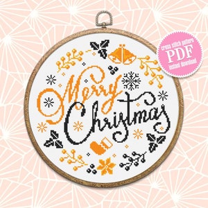 Merry Christmas cross stitch pattern download PDF Winter holiday cross stitch Round christmas ornament stitch chart DIY Christmas decor #N33