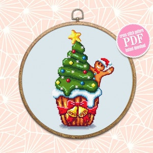 Christmas cupcake cross stitch pattern download PDF Winter holiday cross stitch chart Christmas pattern digital Kawaii christmas stitch #N37