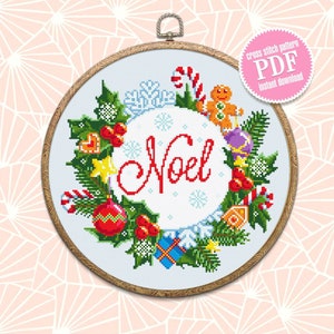 Christmas cross stitch pattern download PDF, Christmas wreath cross stitch chart Christmas pattern digital Winter holiday embroidery #N22