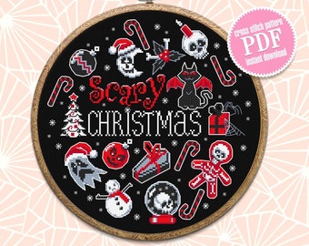 Gotisch kerstkruissteekpatroon download PDF Spookachtig kerstpatroon digitaal gotisch borduurwerk PDF, DIY gotisch decor Horror cadeau #N52