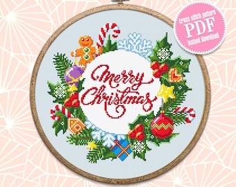 Merry Christmas cross stitch pattern download PDF Winter wreath cross stitch chart Christmas pattern digital Holiday embroidery PDF #N21