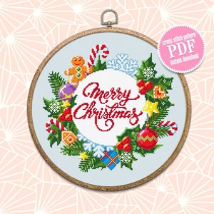 Merry Christmas cross stitch pattern download PDF Winter wreath cross stitch chart Christmas pattern digital Holiday embroidery PDF #N21