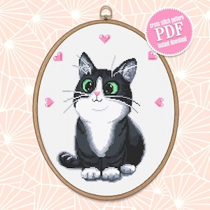 Cute black cat cross stitch pattern download PDF, Animal cross stitch chart, Cat embroidery PDF, Kitten cross stitch, Gift for cat lover #K2
