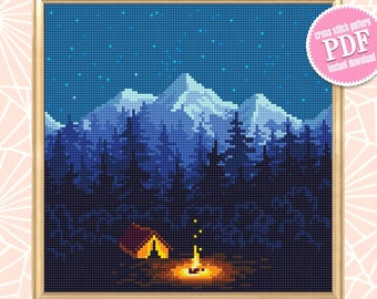 May include: Cross stitch pattern PDF for a night scene with a campfire, tent, and mountains under a starry sky.