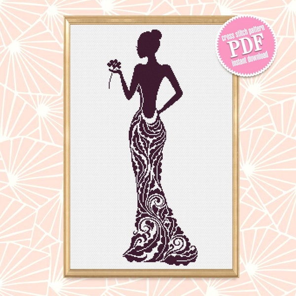 Elegant Dress cross stitch pattern download PDF Woman silhouette cross stitch chart, Monochrome cross stitch mandala dress, Home decor #M195