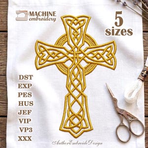 May include: A white fabric with a gold Celtic cross embroidery design. The image includes the text "MACHINE embroidery" and "5 sizes". Also included are embroidery file types and the text "Author Embroide Design". A pair of scissors and thread are also visible.