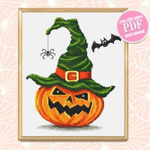 Happy Halloween cross stitch pattern download PDF Witch hat cross stitch Halloween pumpkin cross stitch chart Cute Halloween embroidery #H5