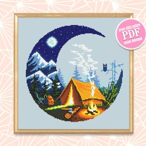 Camping cross stitch pattern download PDF Nature landscape cross stitch Campfire tent xstitch chart Adventure awaits Nature lover gift #L26