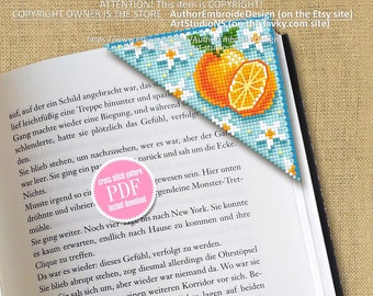 Corner bookmark cross stitch pattern PDF download Orange fruit cross stitch chart, Floral bookmark corner digital PDF, Book lover gift #B181