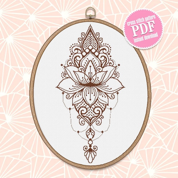 Modèle de point de croix mandala lotus à télécharger PDF, motif mandala monochrome numérique PDF, grille point de croix fleur de lotus, décoration d'intérieur #M99